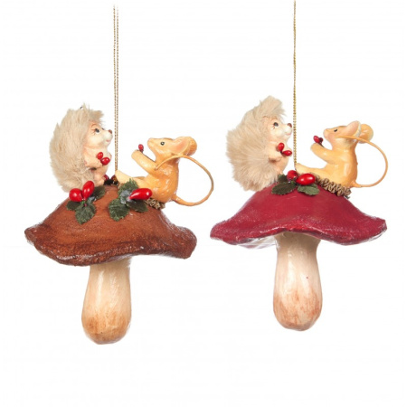 Ёлочное украшение Мышка с ёжиком на грибке 11,5см